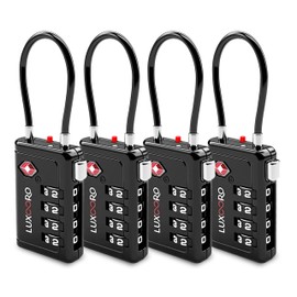 LUXOORO TSA Approved Luggage Lock with Alert Indicator, 4-Digit Resettable Combination, Durable Zinc Alloy Travel Lock for Suitcase, Backpack, Toolbox, Locker, All-Purpose, keyless – Black (4 Pack)