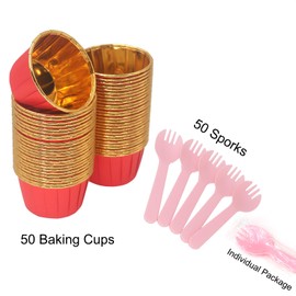 Standard Red Foil Paper Baking Cups 50-Pack with 50 Sporks, Bakexcel Premium Non-stick Cupcake Liners, 3.5oz Perfect for Muffins, Cupcakes, and Desserts