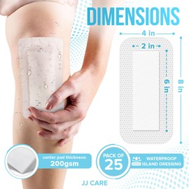 JJ CARE Waterproof Adhesive Island Dressing [Pack of 25], 4” x 8” Sterile Bordered Gauze, Breathable Island Wound Dressing, Individually Wrapped Adhesive Gauze Bandages with Non-Stick Central Pad