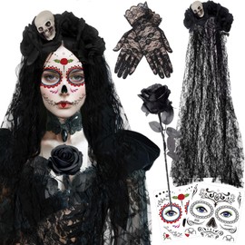 Halloween Headpiece Roses Day of the Dead Headband, 100 cm Mexican Headband Roses with Lace Gloves and Face Tattoos, Day of the Dead Hair Band for Women, Costume Accessories