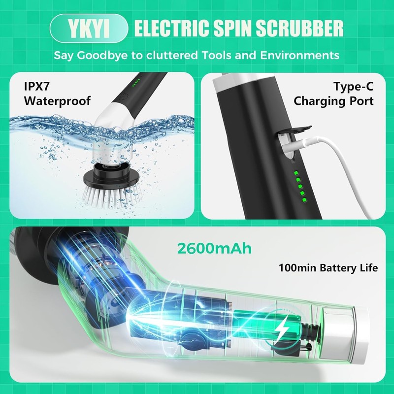 YKYI Electric Spin Scrubber, Cordless Power Scrubber | 8 Replaceable