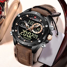 Reloj De Cuarzo Para Hombre Pulsera Correa De Cuero Militar Correa Marrón Bisel Negro Fondo Negro