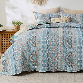 Qucover Boho King Size Quilt Bedding Set, Teal Blue Striped Reversible Quilt Sets for Bed, 3pc Lightweight Microfiber Oversized King Bedspread Coverlet for All Season, Bohemian Bedroom Decor