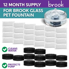 BROOK Glass Pet Fountain Filter Replacement Set – 12 Filter Rings & 24 Activated Carbon Pouches – Up to 12 Month Supply Replacement Filters Set for BROOK Cat Fountain