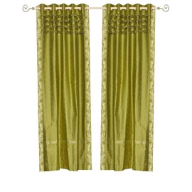 Indian Selections Lined-Olive Green Hand Crafted Ring Top Sheer Sari Curtain Panel-43Wx84L-Piece