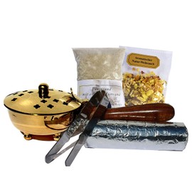 5-Piece Incense Pan Set – Censer for burning Frankincense, Resins, incl. Frankincense, charcoal, fire sand and tongs