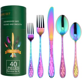 Rainbow Flatware Cutlery Silverware Set 40 Pieces, 18/10 Stainless Steel Colorful Utensils, Tableware Flatware Set Service for 8, Include Knife/Fork/Spoon, Mirror Polished, Dishwasher Safe (Rainbow)…