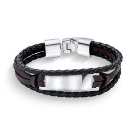 Unisex Personalize Black Rope Cord Brown Leather Stacking Multi Strand Identification Name Bracelet for Men Teens Silver Tone Stainless Steel Customizable