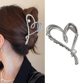 Silver Heart Hair Clip Valentine's Day Hair Claw Clips Metal Silver Heart-Shape Pearl Hair Jaw Clips Strong Hold Non-Slip Hair Styling Accessories for Women Valentines Wedding Party Hair Decoration