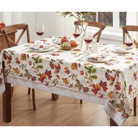 Newbridge Autumn Essentials Fall Foliage Bordered Fabric Thanksgiving Tablecloth, Changing Leaves Easy Care Stain Proof, Wrinkle Resistant Tablecloth, 60 Inch x 144 Inch Oblong/Rectangle