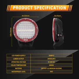 AUXTINGS 2 Pieces 9 inch 294W LED Pods Light Bar Red Round 24000Lm Waterproof Spot Beam Led Work Light Off Road Lights Driving Light Compatible with Truck SUV ATV Tractor Boat