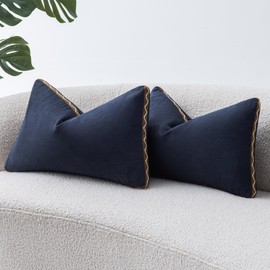 SINYASAN Decorative Neutral Linen Throw Pillow Covers 12x20 Inch Set of 2, Navy Blue Boho Farmhouse Pillow Covers with Braid Fringe for Sofa Bed Modern Couch Pillow Cases for Organic Home Decor
