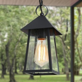 LALUZ Black Outdoor Pendant Lights, Exterior Hanging Light for Porch Seeded Glass, Farmhouse Porch Pendant Light for Patio, Gazebo, Yard