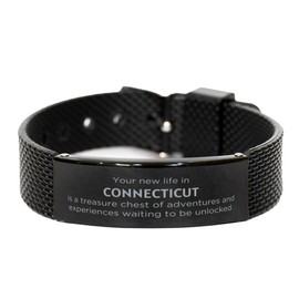 Moving to Connecticut Gifts, Your new life in Connecticut, Long Distance Connecticut Christmas Black Shark Mesh Bracelet For Men, Women, Friends, Coworkers
