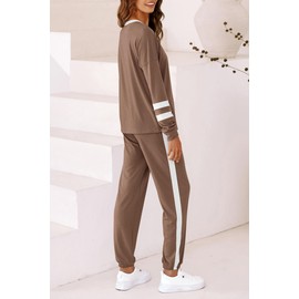 PRETTYGARDEN Women Fall 2 Piece Lounge Outfit Long Sleeve Tops High Waisted Jogger Pants Set Spring Travel Clothes Tracksuit (Striped Dark Khaki,Large)