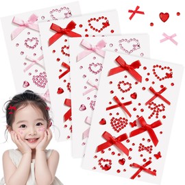 Face Stickers, 4-Piece Set, Pink/Red, Resin, Glittery Deco Parts, Ribbon, Heart Motif, Rhinestone, Face Sticker, Makeup Sticker, DIY Accessory, Smartphone Decoration
