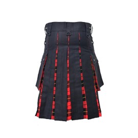 Men's Plus Size Scottish Hybrid Black Cotton & Tartan Utility Kilt with Leather Straps (Wallace 34)