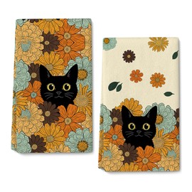 Black Cat Floral Dish Towels Kitchen Decor Set of 2, Cute Cat Kitchen Towel, Farmhouse Summer Flowers Tea & Hand Towels for Drying, Gifts for Cats Lovers Women