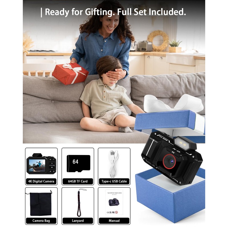 Digital Camera, Bextgoo 4K Vlogging Camera with 64GB Card, 48MP