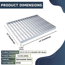Galvanized Steel Drain Grate,18 * 18in Outdoor Drain Cover,Heavy Duty B125 Class Channel Grate,Rust-Proof Metal Sewer Grate,Silver Square Drainage Grate for Garage,Sewer,Dowmspout,Driveway,Yard.