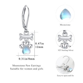 Moonstone Stud Earrings 925 Sterling Silver Dog Paw Earrings Hoop Dog Earrings Hypoallergenic Earring Paw Earrings Jewellery Gifts for Children Women, Sterling Silver