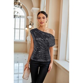 Slimming Ladies Off Shoulder Sequin Top Dressy Ruched Asymmetrical Sparkle Top Cute Bling Vegas Outfit for Women Holidays Shimmer Silver Black L