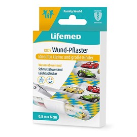 Lifemed - 5 Wound Plasters Total 0.5 m x 6 cm to Cut Yourself with Kids-Like Car Motifs - in Economical and Practical Pack of 4