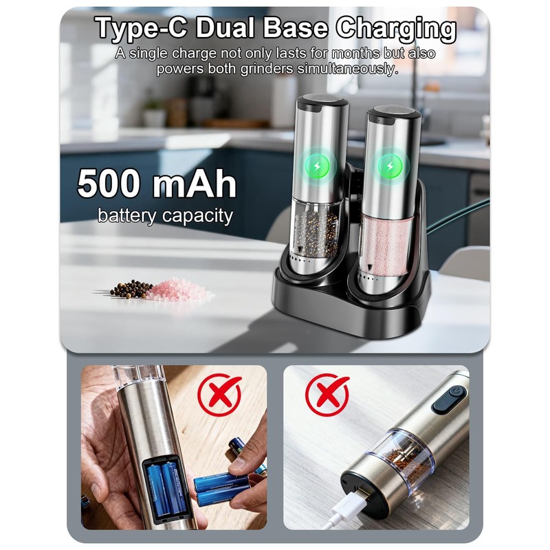 BZPP Electric Salt and Pepper Grinder Set - 6 Adjustable