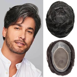 Ehairc Mens Toupee French Lace Pu Front Hair System For Men Breathable Toupee For Men 100% Human Hair 120% Medium Density Base Size 6X9 Inch (#1B10)