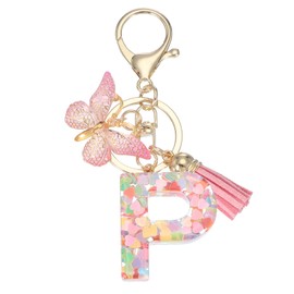 PATIKIL Alphabet Initial Letter Keychain, Resin Cute Keychains with Tassel Butterfly Letter P Pendant Charm for Women Key Purse Handbag Bag Accessories, Pink