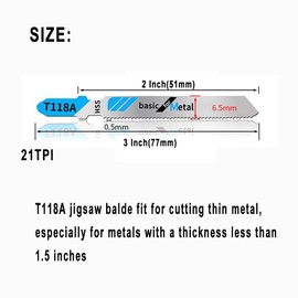 60Pack T118A T-Shank Jigsaw Blades - 3 Inch 21 TPI Contractor Jig Saw Blades Set Made with High Speed Carbon Steel for Cutting Metal (60Pcs-T118A for Metal)