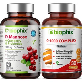 biophix D-Mannose Plus Cranberry Probiotics 1000 mg 120 Vcaps - Free Vitamin C-1000 30 Tablets - Supports Urinary Bladder Tract Health and Digestive Well Being
