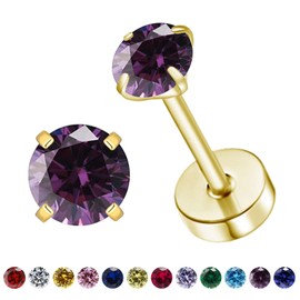 Natural Birthstone Stud Earrings for Women Teen Girls, Small 3mm CZ Stud Flat Back Earrings, Screw Back Tiny Earrings Studs, Cartilage/Tragus/Second Hole Earrings (Gold, 2.Feb-Amethyst)