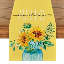 Artoid Mode Yellow Hello Sunshine Sunflower Summer Table Runner, Spring Seasonal Anniversary Holiday Kitchen Dining Table Decoration for Indoor Outdoor Home Party Decor 13 x 36 Inch