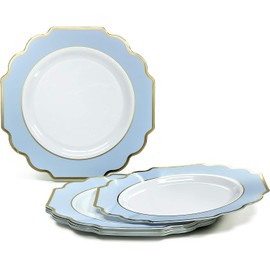 " OCCASIONS " 50 Plates Pack (25 Guests)-Heavyweight Wedding Party Disposable Plastic Plate Set -(25 x10.5'' Dinner +25 x 8'' Salad/dessert (Imperial in White/Blue & Gold)