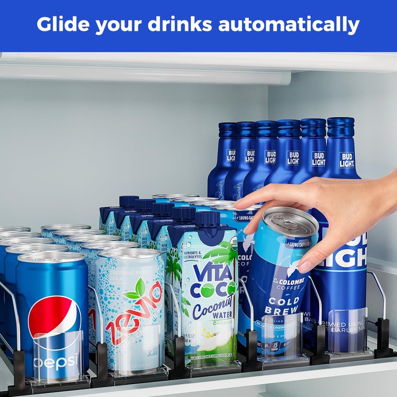 Puricon Drink Organizer for Fridge Pusher Glide, Spring Loaded Fridge