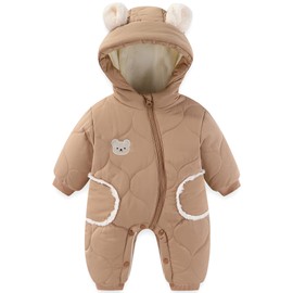 SEAUR Baby Boys Girls Footie Snowsuit Cartoon Bear Warm Hooded Outfits Winter Onesie with Zipper Button Brown 3-6 Months