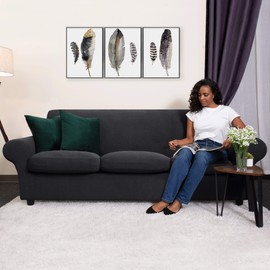 CHUN YI 3 Pieces Stretch Loveseat Sofa Cover for 2 Seater Couch, Washable Soft Sofa Slipcover with 2 Separate Seat Cushion Covers for Dogs, Checks Spandex Jacquard Fabric, Medium, Grey/Gray