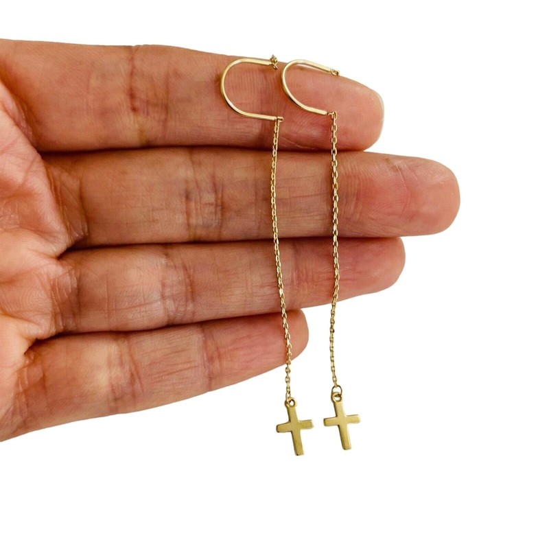 14K Solid Gold Cross Threader Earrings, Dangle Chain Drop, 14K