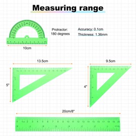 HARFINGTON 4pcs Triangular Ruler Set 20cm Plastic Metric Inch Geometric Protractor Triangle Engineering Scale Drafting Ruler Kit for Office Home, Green