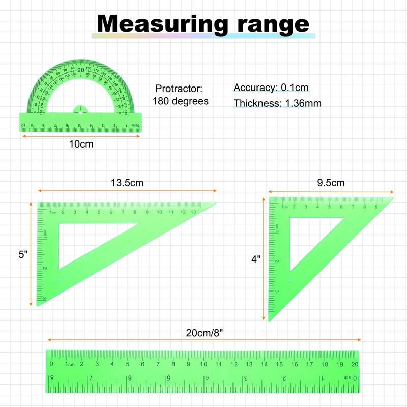 HARFINGTON 4pcs Triangular Ruler Set 20cm Plastic Metric Inch Geometric