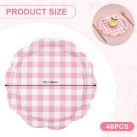 Houuqe 48Pcs Gingham Party Supplies Pink Scalloped Paper Plates 9 inches Disposable Plaid Decorative Dinner Dessert Serving Plates for Baby Shower Wedding Birthday Party