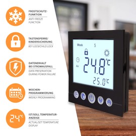 Digital Flush-Mounted Thermostat Black 8 cm Screen Diagonal for Drive Control Electric or Water-Guided Heaters