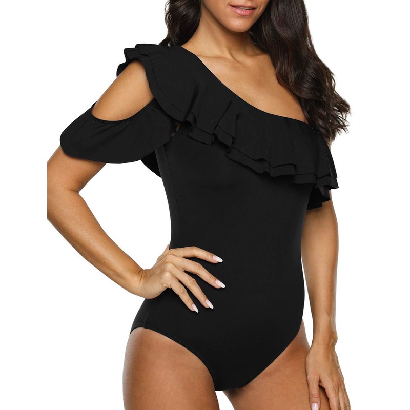 Hilor Women's One Piece Swimsuits One Shoulder Swimwear Asymmetric Ruffles