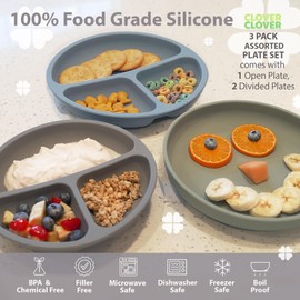 Clover Clover Suction Plates for Babies & Toddlers -100% Food-Grade Silicone, Baby Led Weaning Supplies, Microwave & Dishwasher Safe, 2 Divided Design & 1 Classic Design Plates (3 Pack)