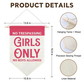 JMYROG No Trespassing Girls Only No Boys Allowed Canvas Hanging Pennant Flag, Home Girls Room Nurserybedroom Playroom Decor, Home Door Wall Decor Pink Warning Gifts For Children