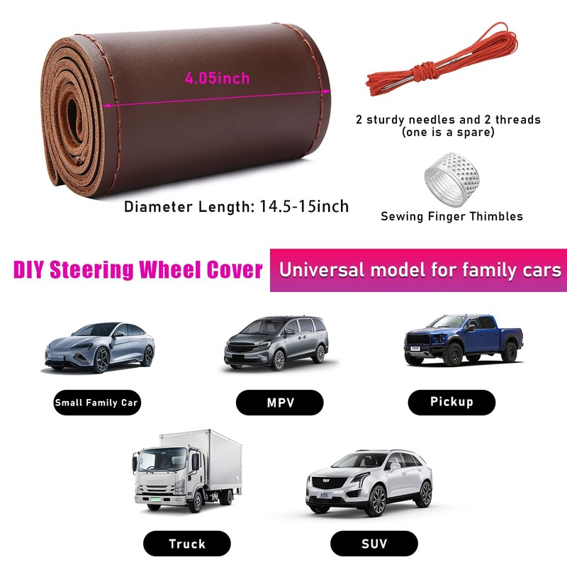 Ziciner Genuine Leather Steering Wheel Cover, Stitch on Wrap, Breathable