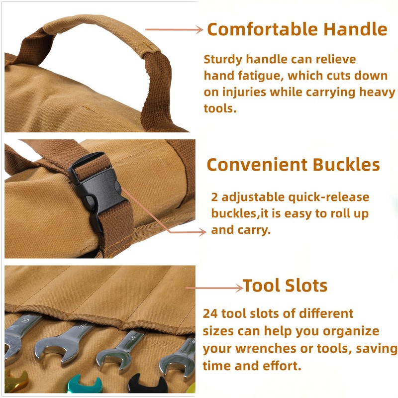 Wrench Roll Up Organizer Pouch,Heavy Duty 16oz Waxed Canvas Tool
