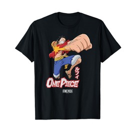 One Piece Anime Luffy Attack Pose Flying Fist with Kanji T-Shirt