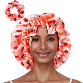 Vettres Floral Satin Bonnet with Scrunchie Set,Double Layer Ruffle Reusable Sleeping Shower Cap for Curly Hair Pink-strawberries